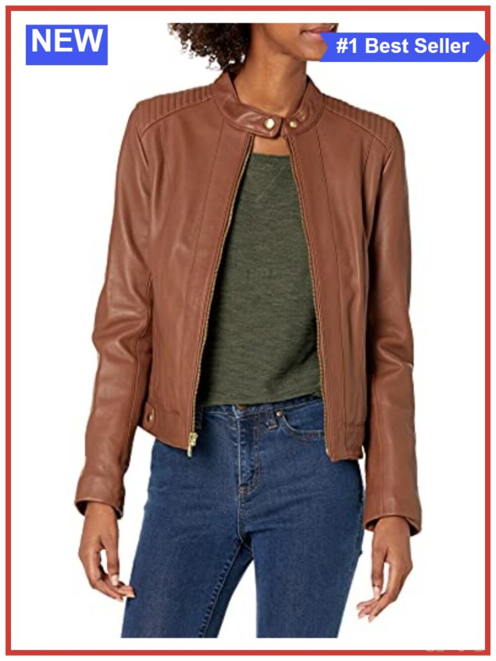Quilted Leather Jacket Racer Style Button Collar Metallic Zippers